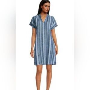 Lands' End 100% linen navy and white striped midi dress with pockets size L
